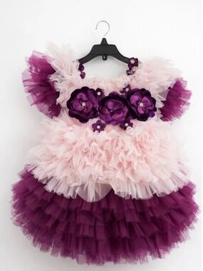 India Boutique Pink and Purple Ruffle Tutu Dress with Floral Accents